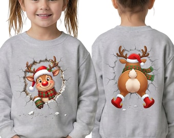 Funny Reindeer Kids Christmas Sweatshirt Front and Back Design Cute Holiday Crewneck Gift for Boys and Girls