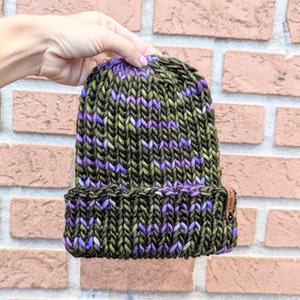 MADE TO ORDER...Salamander olive/purple beanie - premium 100% merino bulky folded brim beanie