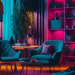 May include: A living room with teal blue armchairs and a bookshelf with pink shelves. The room is lit with pink and blue neon lights.