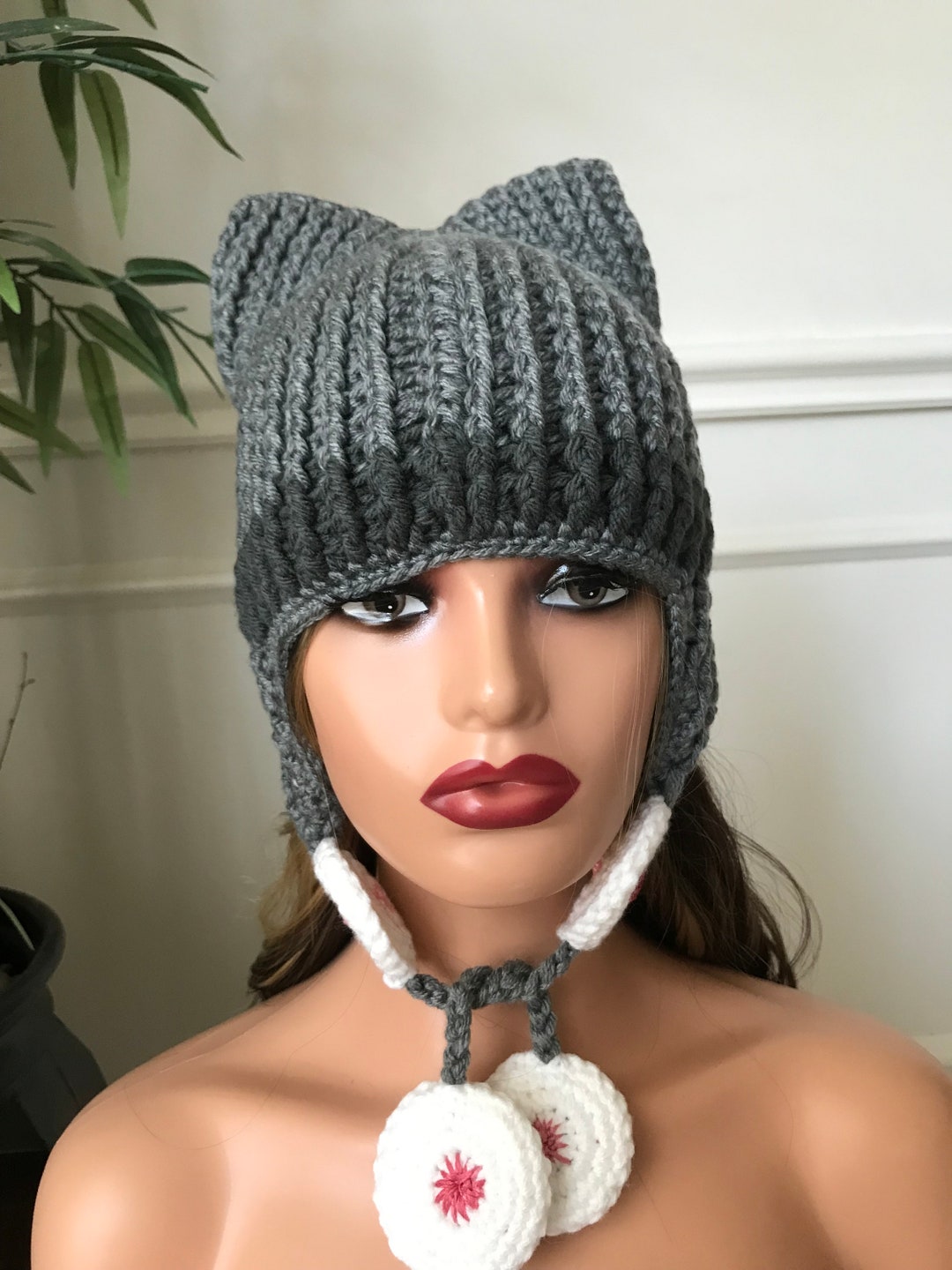 Crochet Cat Hat Ear Flaps Flower, Cat Cap , Spring Hat , Winter Hat