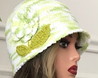 Lime Green Handmade Crotchet Bucket Hat for Girl. Women 