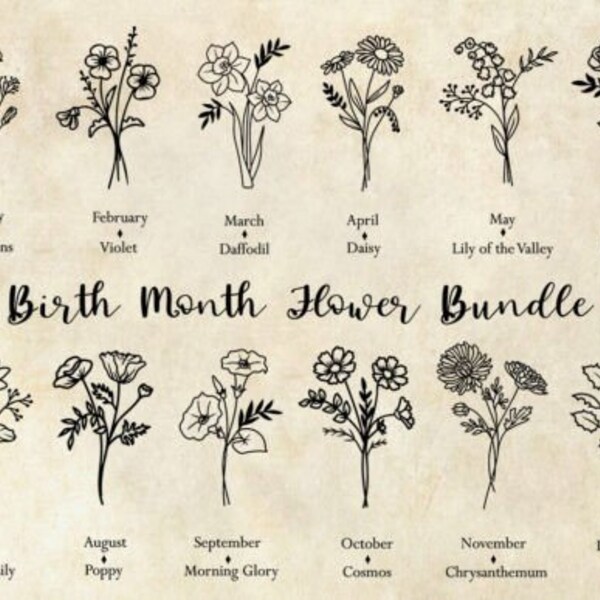 Birth Month Svg Bundle, Flower Svg, Birth Flower Svg, Floral Svg, Botanical Svg, Rose Svg, Daisy Svg, Poppy Svg, Birthday Svg, Svg Gift