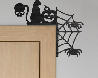Halloween Door Topper Spooky House Decor Spider Web Pumpkin Black Cat Wood Corner