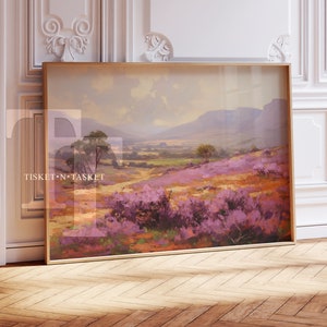 Purple Flowers & Mountains Landscape, Vintage Style Painting | Horizontal Digital Download Printable Wall Art