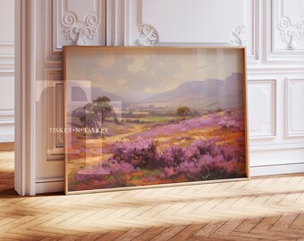 Purple Flowers & Mountains Landscape, Vintage Style Painting | Horizontal Digital Download Printable Wall Art