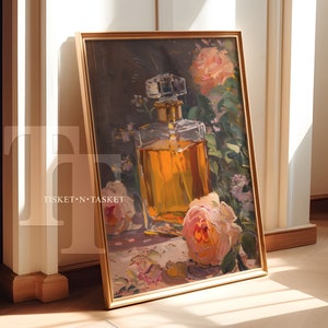 Vintage Perfume Bottle with Flowers Still Life Painting | Makeup Vanity Print | Digital Download Printable Elegant Bathroom Wall Art
