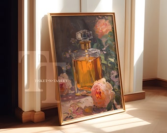 Vintage Perfume Bottle with Flowers Still Life Painting | Makeup Vanity Print | Digital Download Printable Elegant Bathroom Wall Art