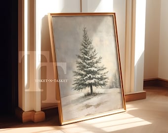 Winter Spruce Tree Painting, Neutral Snowy Christmas Cabin Art | Digital Download Printable Wall Art