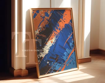 Lámina abstracta con salpicaduras de pintura azul y naranja: Arte mural imprimible (descarga digital)