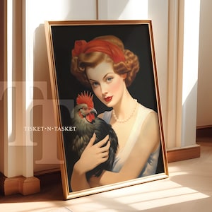 Country Farm Girl Portrait Holding a Chicken | Vintage Style Digital Download Printable Wall Art