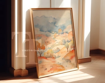 Simple Watercolor Landscape Painting | Neutral Orange, Blue and Peach Tones | Digital Download Printable Wall Art