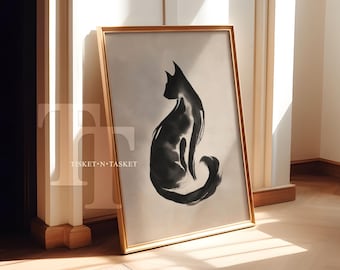 Eenvoudig minimalistisch schilderij van een zwarte kat-print: afdrukbare muurkunst (digitale download)