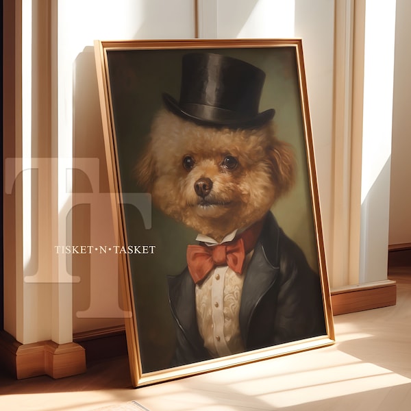 Victorian Dog Wearing Top Hat & Bow Tie, Vintage Style Portrait | Vertical Digital Download Printable Wall Art,