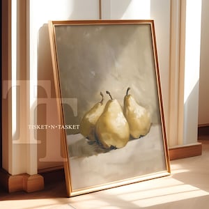 Still Life Painting of Three Pears | Vintage Style Fruit, Kitchen Wall Art | Digital Download Printable Wall Art