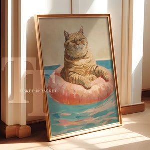 May include: A painting of a tabby cat wearing a pink inflatable ring, floating in blue water. The cat has a serious expression on its face.