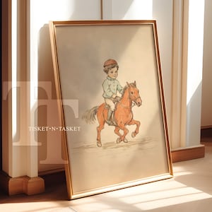 Drawing of a Child Riding a Pony, Vintage Style Children&#39;s Nursery Artwork | Vertical Digital Download Printable Wall Art