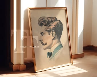 May include: A framed illustration of a man with a mustache and a bow tie. The man has a stylish haircut and is looking to the side. The illustration is in a gold frame and has a vintage aesthetic.
