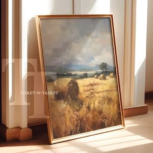 Hay Bale Field Farming Landscape Painting | Vertical Digital Download Printable Wall Art