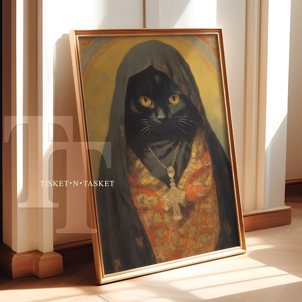 Black Cat Wearing Veil, Vintage Style Oil Painting Portrait | Digital Download Printable Wall Art