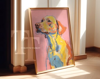 Peut inclure: Une peinture abstraite colorée d'un chien sur un fond rose. Le chien est peint dans des tons de jaune, bleu et orange. La peinture est encadrée dans un cadre doré.