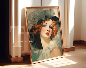 Portrait de femme rousse bouclée, style vintage | Art mural vertical imprimable en téléchargement numérique
