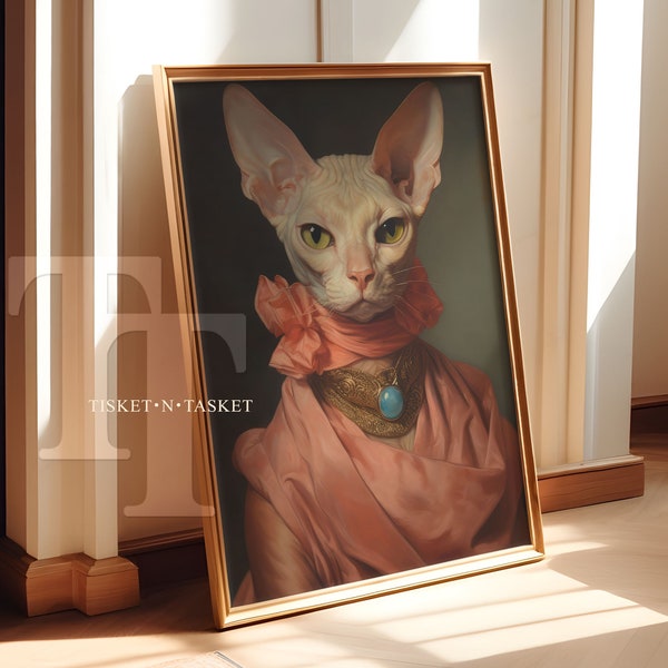 Victorian Sphynx Cat Portrait, Vintage Style, Hairless Cat | Vertical Digital Download Printable Wall Art