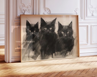 Three Black Cats Charcoal Drawing | Horizontal Gothic Digital Download Printable Wall Art