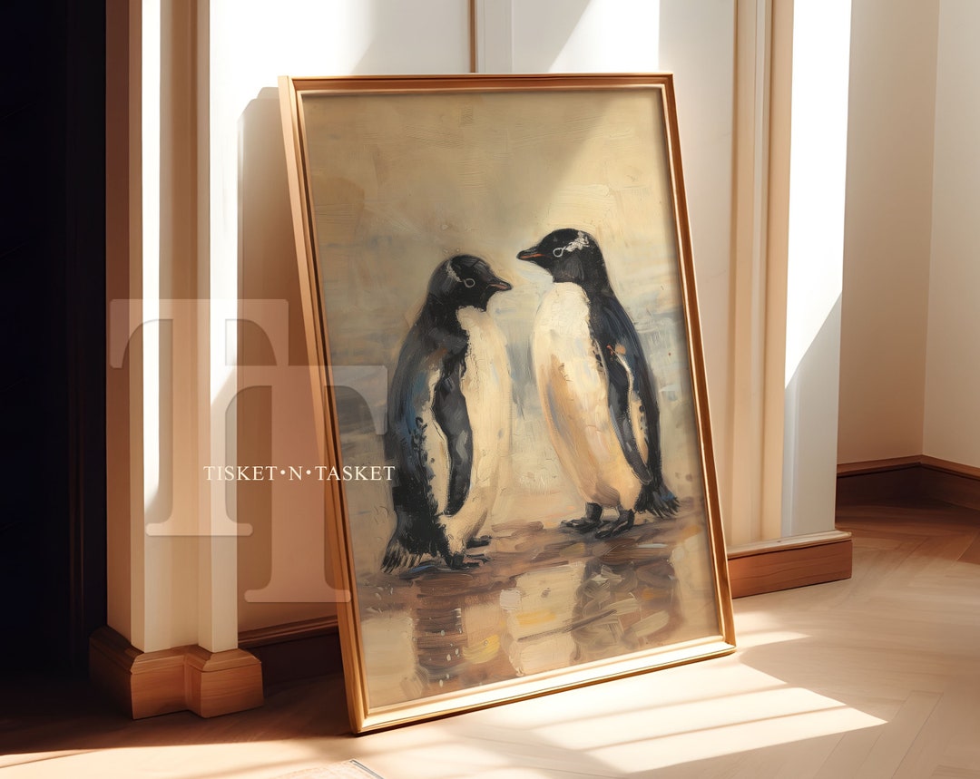 Two Penguins Vintage Style Painting | Neutral Colors, Penguin Couple ...