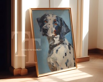 May include: A framed painting of a Dalmatian dog with black and white spots. The dog is looking to the left of the frame. The background is a light blue color. The frame is gold.
