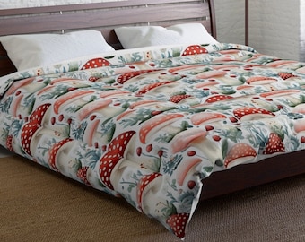 Mushrooms on a white background comforter, Comforter Mushrooms, Mushroom blanket, Cottage Core, Mushroom Bedspread, Mushroom quilt, botany