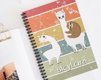 personalized llama and sloth rainbow notebook, animals journal, notebook rainbow, journal, custom llama spiral, Spiral Notebook - Ruled Line