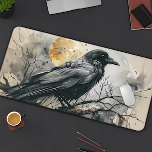 Gothic crow Desk Mat, Crow profile, Crow mouse pad, Desk pad crow, bird birds desk accessories, gothic, boho, witchy core, office, student