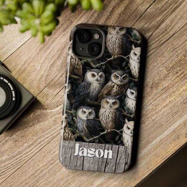 Owls iPhone case, barn owls, wood, retro owls, forest animals, woodland,  phone case, black phone case, owl owls gifts,  MagSafe Tough Cases