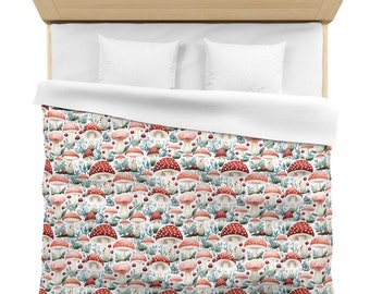 Mushrooms duvet, Mushroom decor, Botany decor, boho, cottage core, Microfiber Duvet Cover, vintage retro decor, plant lover bedding, fungi