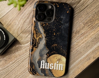 Apocolypse, coque iPhone personnalisée dans l'espace, coque iPhone personnalisée avec vagues dorées et noires, cadeaux de science-fiction fantastiques Coques de téléphone MagSafe