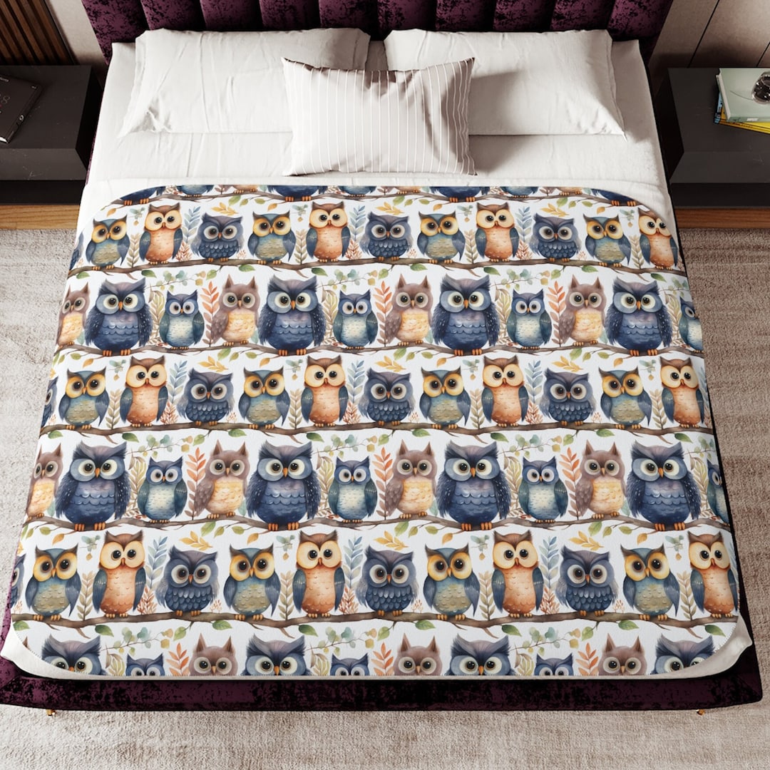 Owls, Cute Colorful Owls on a Sherpa Blanket, Woodland Blanket, Owl