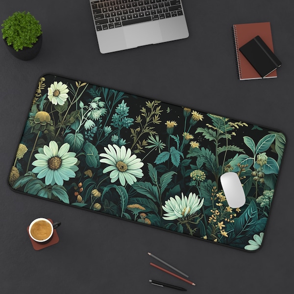 Tappetino da scrivania con margherite, motivo floreale scuro, verde acqua, tappetino per mouse Cottage Core, tappetino da scrivania con fiori, accessori da scrivania botanici, stile accademico scuro, lavoro, casa, ufficio