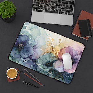 watercolor flowers Desk Mat, cottage core floral mouse pad, Desk pad flowers, botanical desk accessories blue, purple green boho home office
