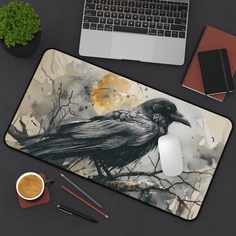Crow Mouse Gothic Crow Desk Mat, Crow Profile, Crow Mouse Pad, Desk Pad Crow, Bird ...