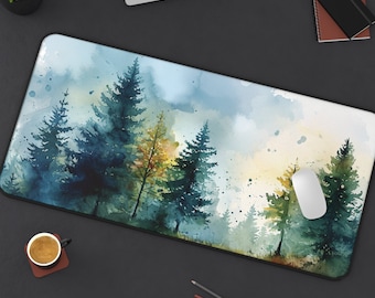 watercolor forest Desk Mat cottage core mouse pad, Desk pad pine trees, plant wilderness desk accessories, trees, conifers decor home office