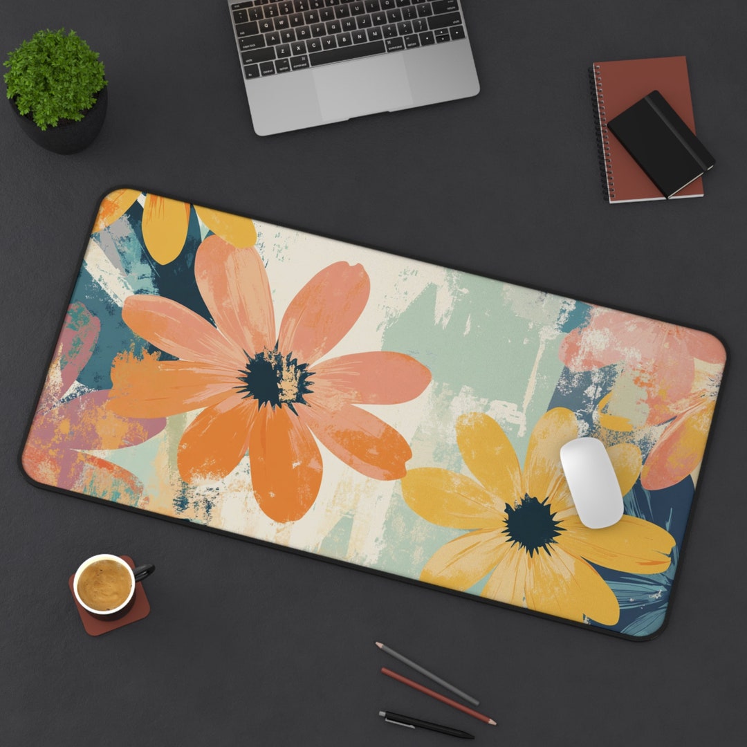 Floral Computer Mat Botanical Retro Desk Mat, Painted Floral Design, Floral Desk Pad ...