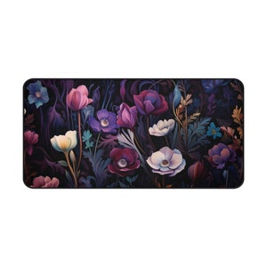 nouveau floral boho Desk Mat, cottage core mouse pad, Desk pad flowers, botanical desk accessories, boho, teal, purple, magenta, rose office image 2