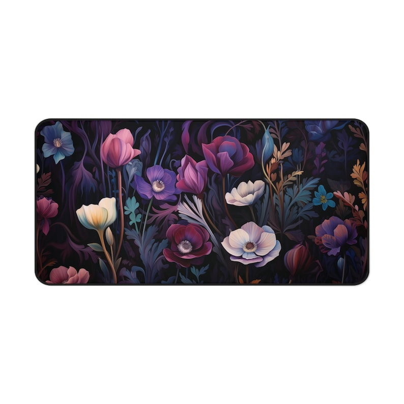 nouveau floral boho Desk Mat, cottage core mouse pad, Desk pad flowers, botanical desk accessories, boho, teal, purple, magenta, rose office image 2