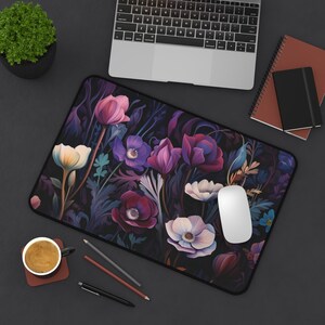 nouveau floral boho Desk Mat, cottage core mouse pad, Desk pad flowers, botanical desk accessories, boho, teal, purple, magenta, rose office 12" × 18"