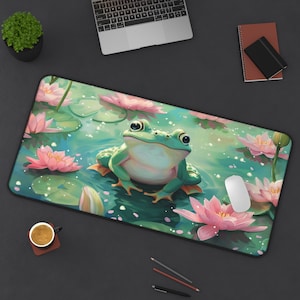 frog and lilypads Desk Mat, cottage core mouse pad,Desk pad flowers, botanical desk accessories,art nouveau, boho, cottage core, home office