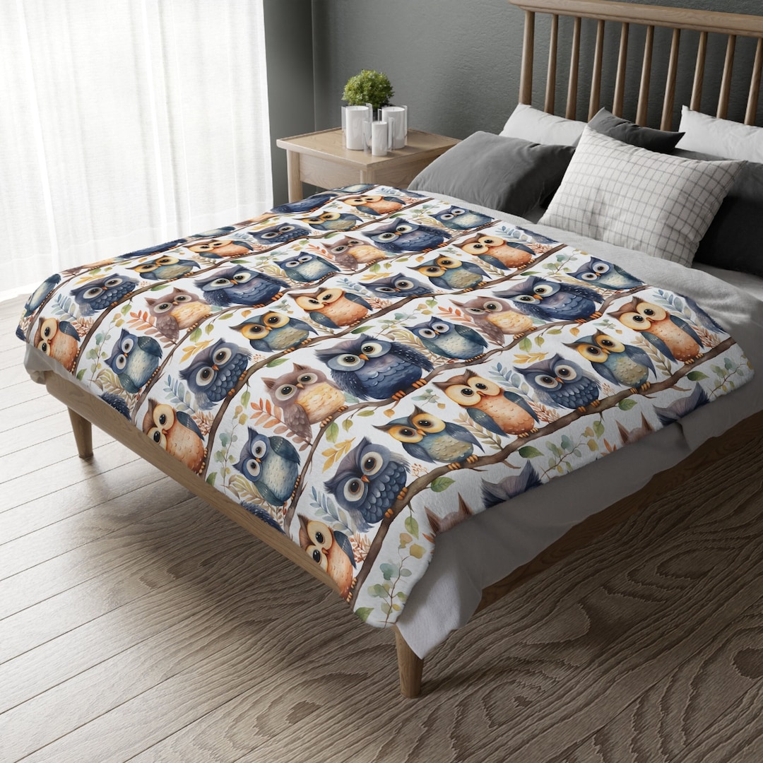 Owls Velveteen Minky Blanket twosided Print, Cottage Core Owls Blanket Milky, Forest Animals