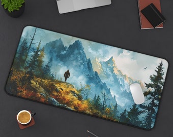 Bigfoot mountain scene Desk mat, cottage core mouse pad, Desk pad sasquatch desk accessories, watercolor landscape, yeti office accessories