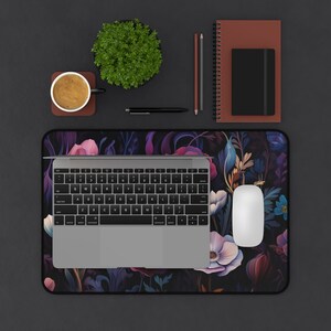 nouveau floral boho Desk Mat, cottage core mouse pad, Desk pad flowers, botanical desk accessories, boho, teal, purple, magenta, rose office image 7