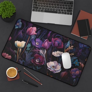 nouveau floral boho Desk Mat, cottage core mouse pad, Desk pad flowers, botanical desk accessories, boho, teal, purple, magenta, rose office 12" × 22"