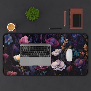 nouveau floral boho Desk Mat, cottage core mouse pad, Desk pad flowers, botanical desk accessories, boho, teal, purple, magenta, rose office image 3
